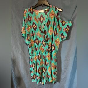 New York & Company Teal and Multicolor Patterned Romper